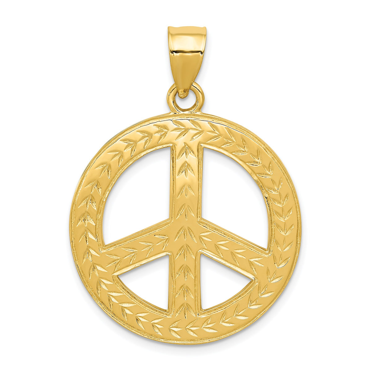 14k Yellow Gold Peace Sign Pendant with Laurel Leaf Detail, Unisex Boho Style