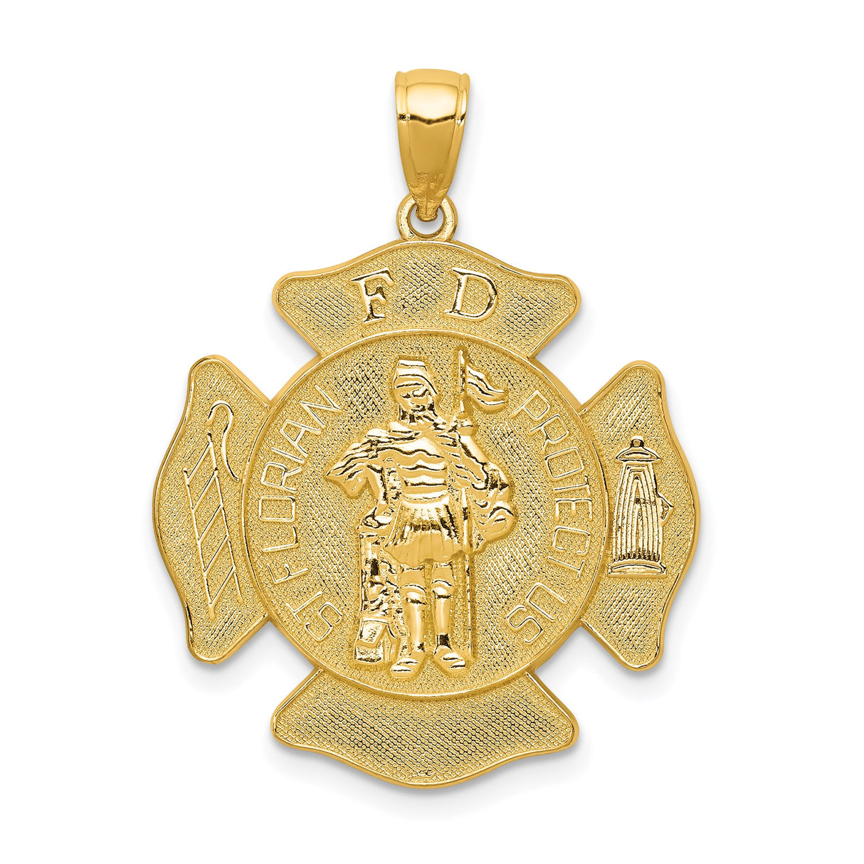 14k Yellow Gold Firefighter Pendant, St. Florian Protect Us Engraving, Maltese Cross Design
