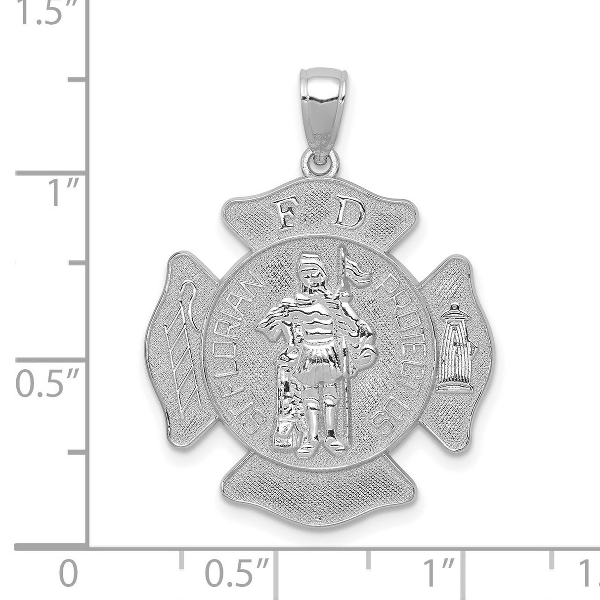 Saint Florian Protect Us Words On Quarter Size Firefighter Badge Charm Pendant in Real 14k White Gold