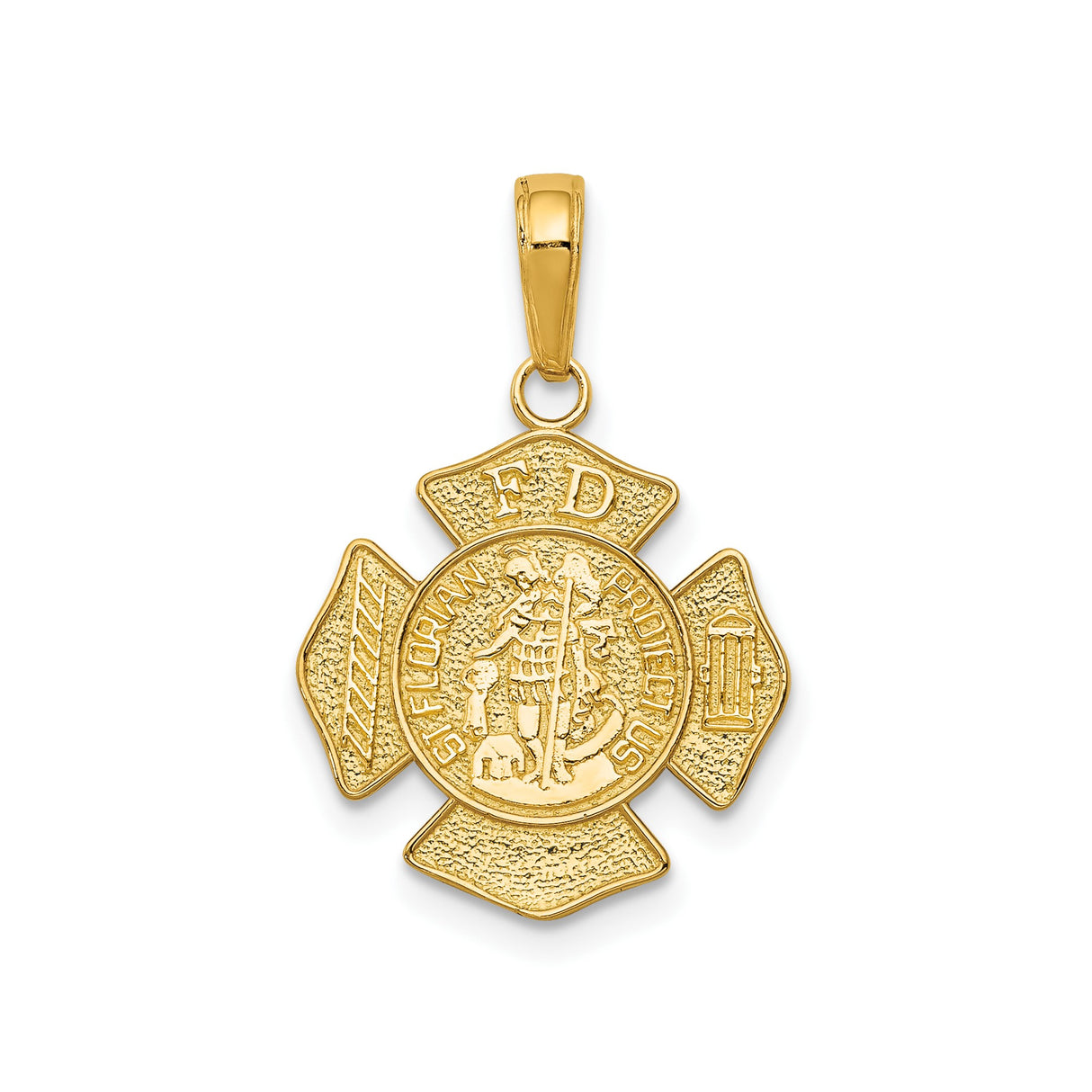 14k Yellow Gold Firefighter Pendant with Maltese Cross, FD Initials, Fire Hydrant, Ladder, Saint Florian Engraving