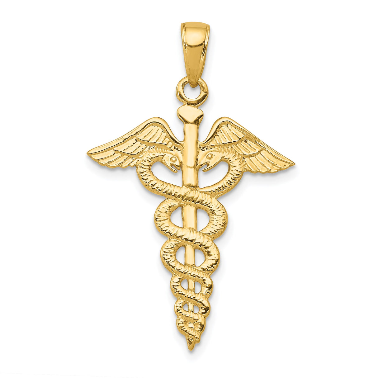 14k Yellow Gold Caduceus Pendant with Two Snakes and Winged Staff Symbol