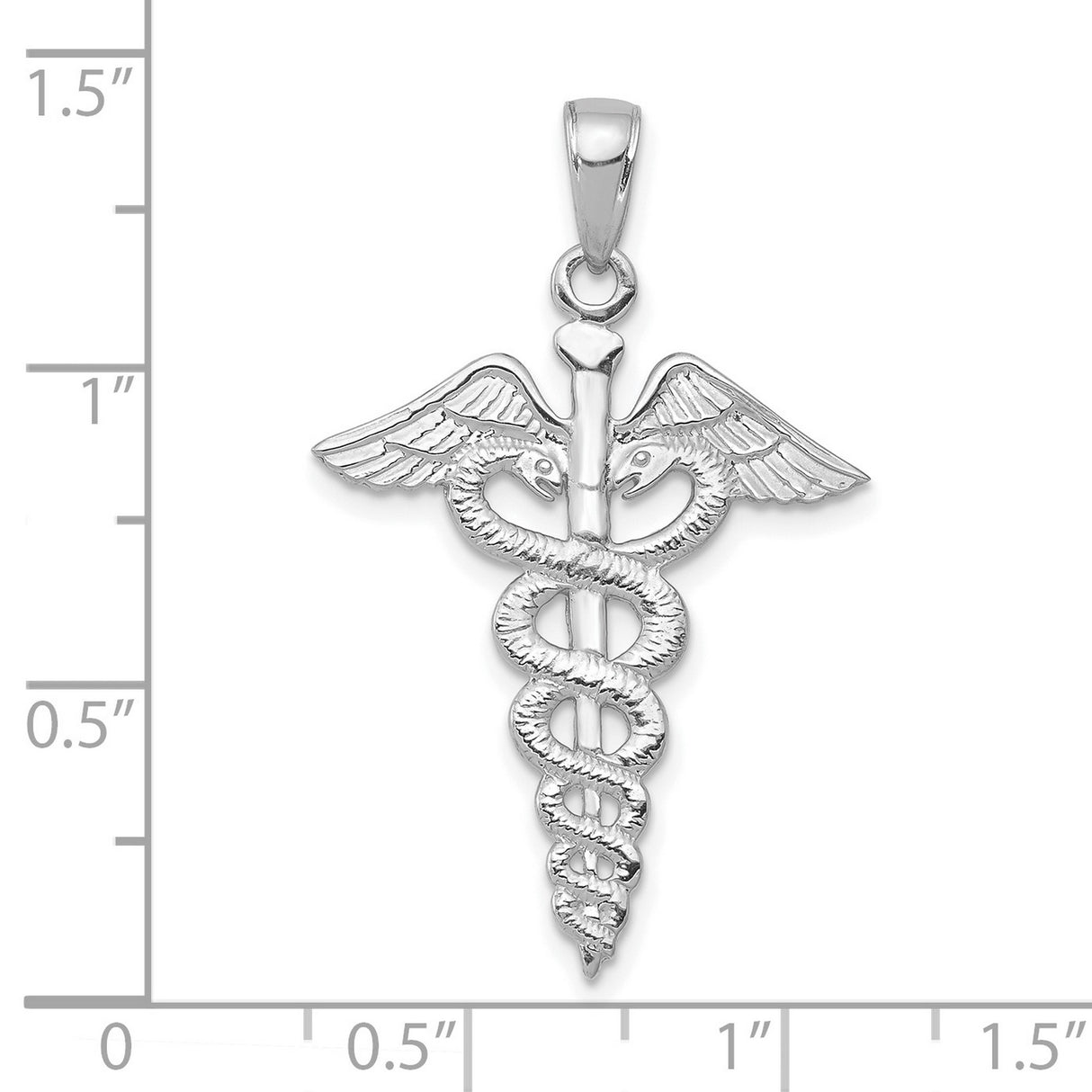 14k White Gold Caduceus Pendant with Winged Staff and Two Snakes, Medical Symbol