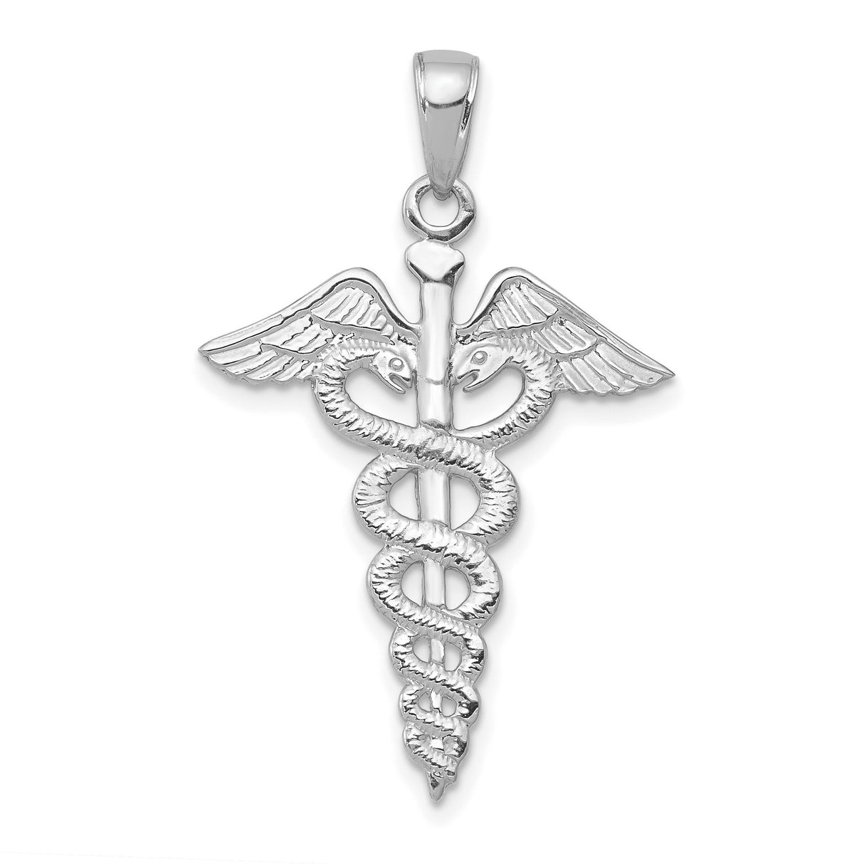 14k White Gold Caduceus Pendant with Winged Staff and Two Snakes, Medical Symbol