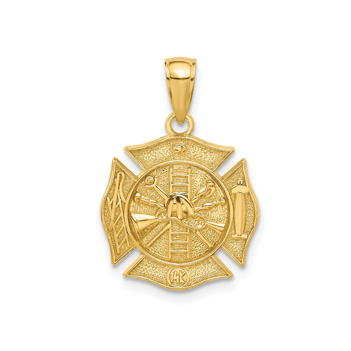 14k Yellow Gold Firefighter Maltese Cross Pendant with Helmet and Axe Symbols