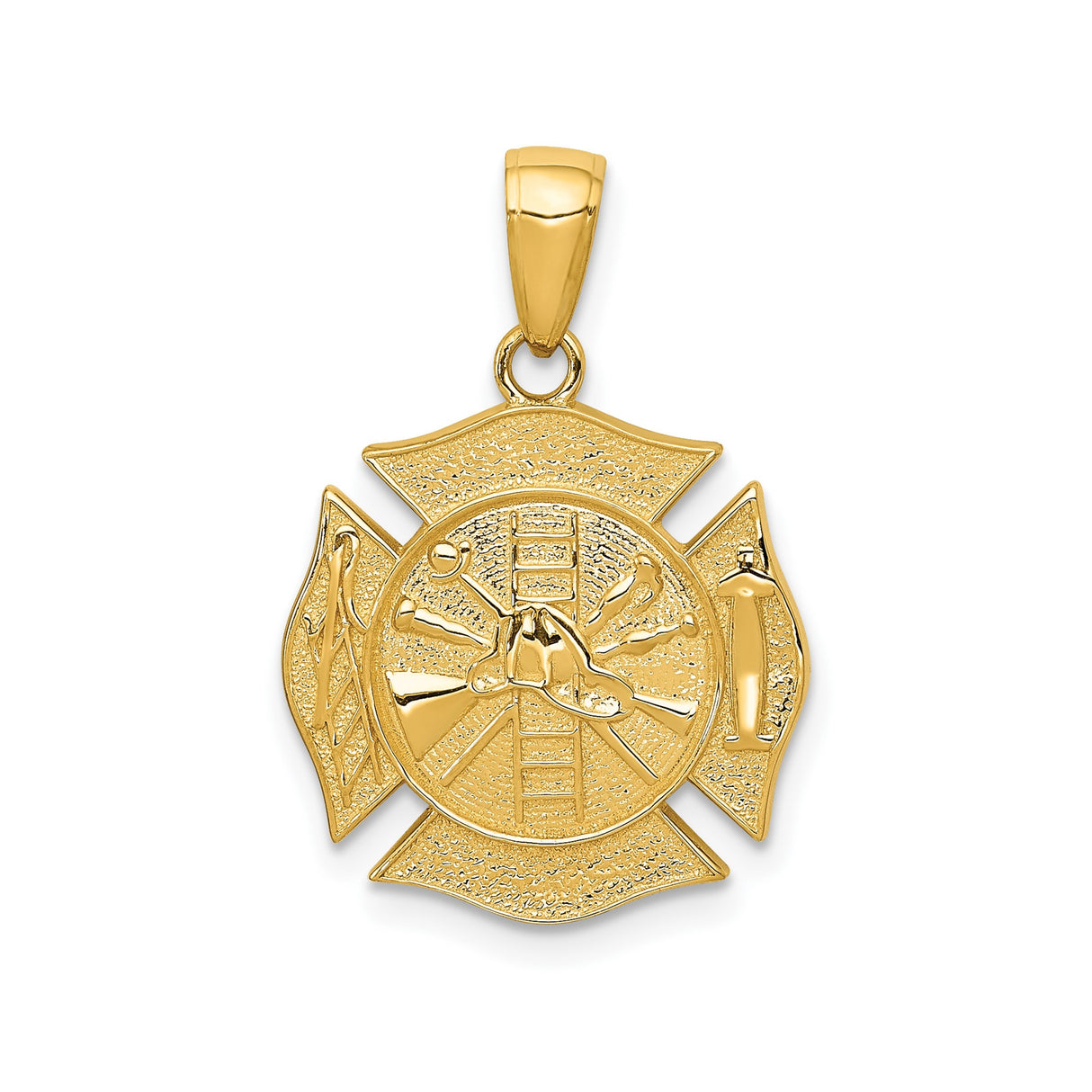 14k Yellow Gold Firefighter Maltese Cross Pendant with Helmet and Axe Symbols
