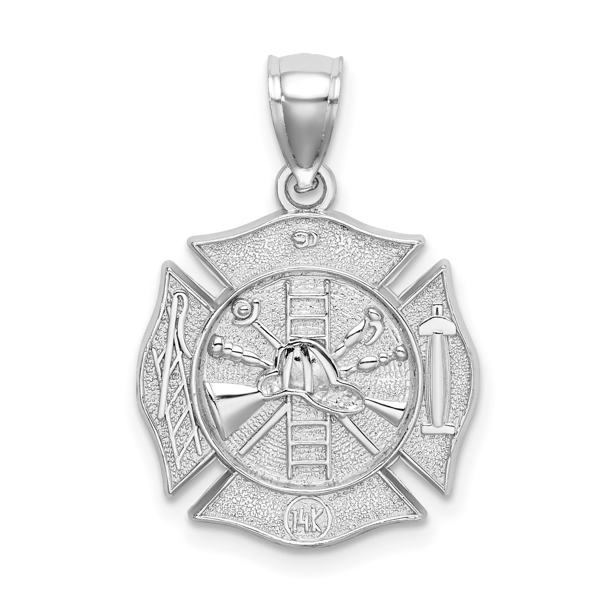 14k White Gold Firefighter Maltese Cross Pendant with Fire Helmet, Ladder, and Tools