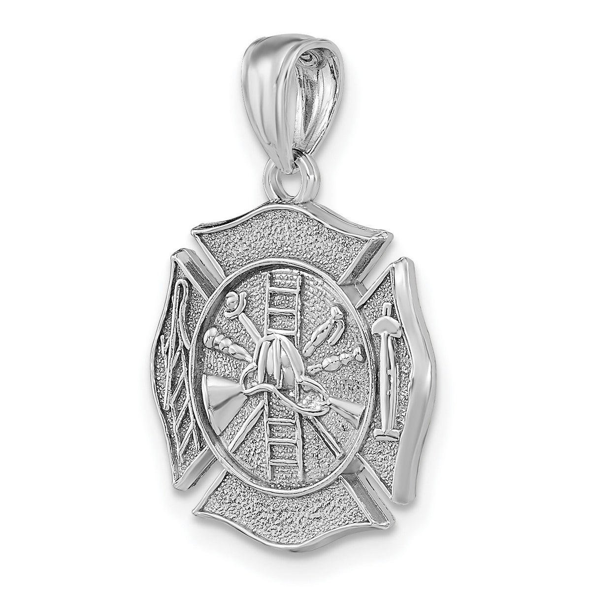 14k White Gold Firefighter Maltese Cross Pendant with Fire Helmet, Ladder, and Tools