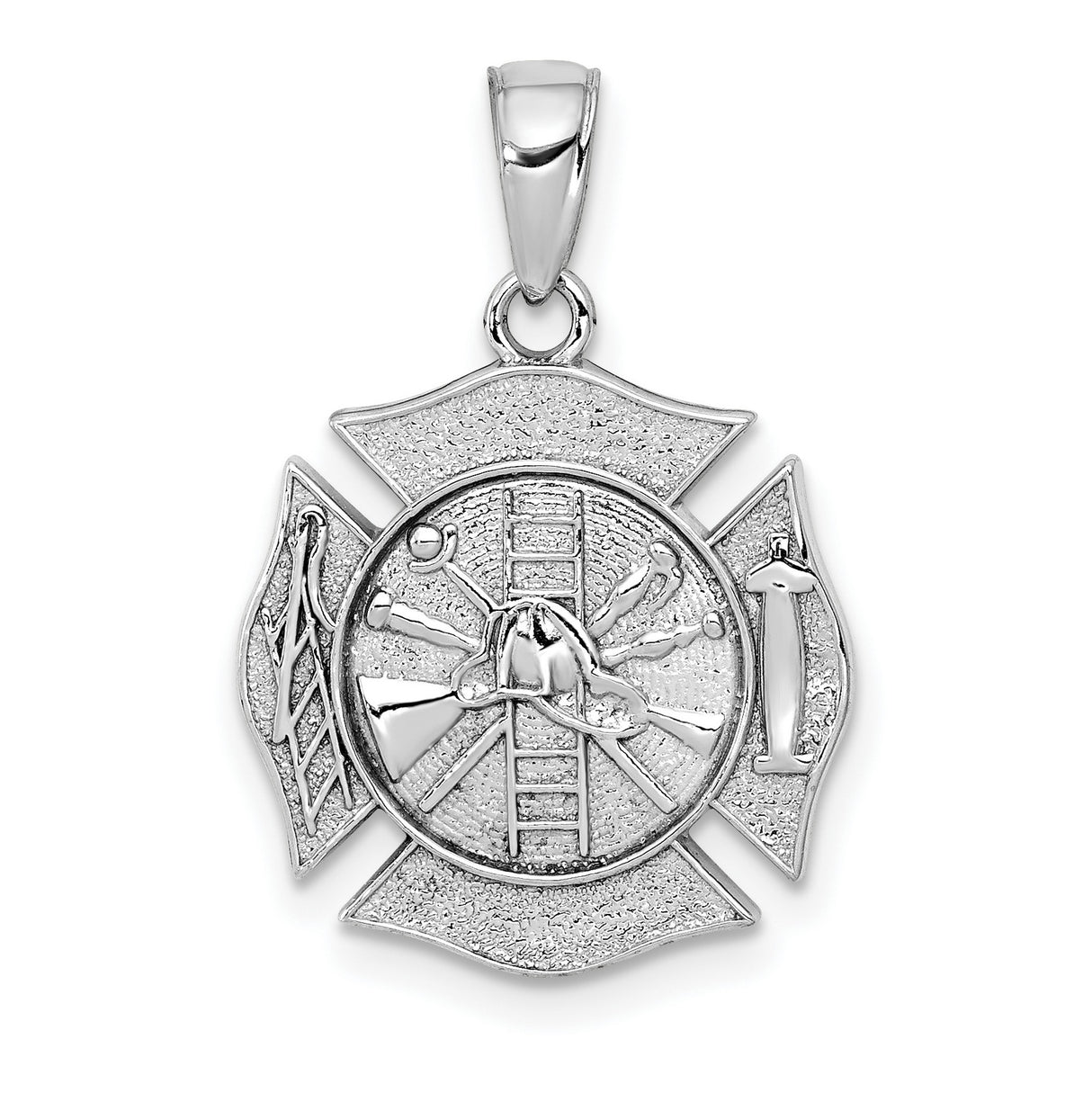 14k White Gold Firefighter Maltese Cross Pendant with Fire Helmet, Ladder, and Tools