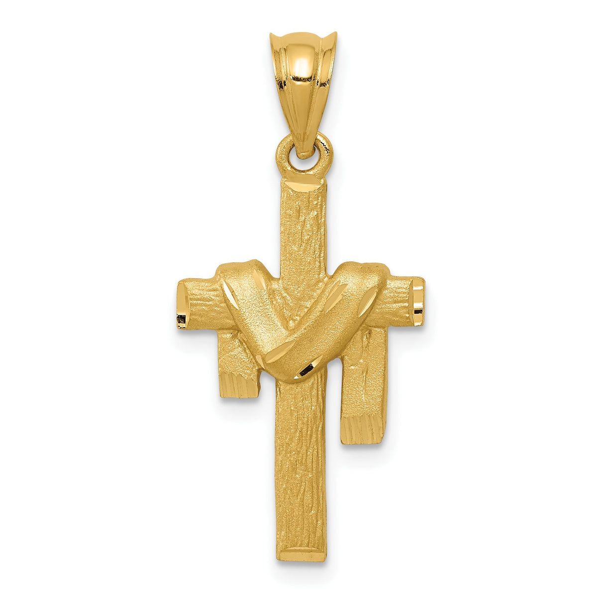 14k Yellow Gold Latin Cross Pendant with Draped Textured Design, Polished Matte Finish