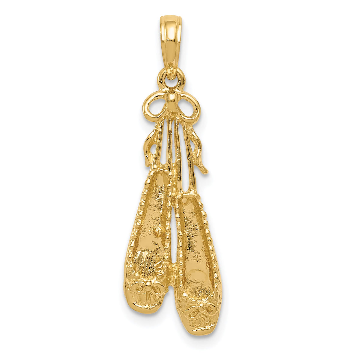 14k Yellow Gold Ballet Slippers Pendant with Bow Detail, 3D Pointe Shoes Charm for Dancers