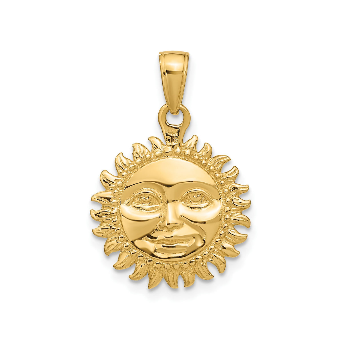 14k Yellow Gold Sun Face Pendant with Radiant Rays, Celestial Boho Talisman Charm
