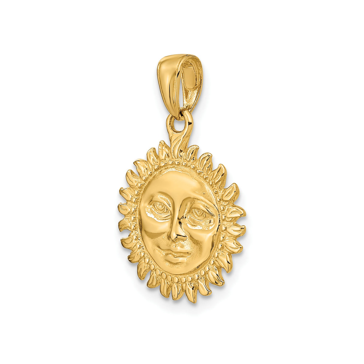 14k Yellow Gold Sun Face Pendant with Radiant Rays, Celestial Boho Talisman Charm