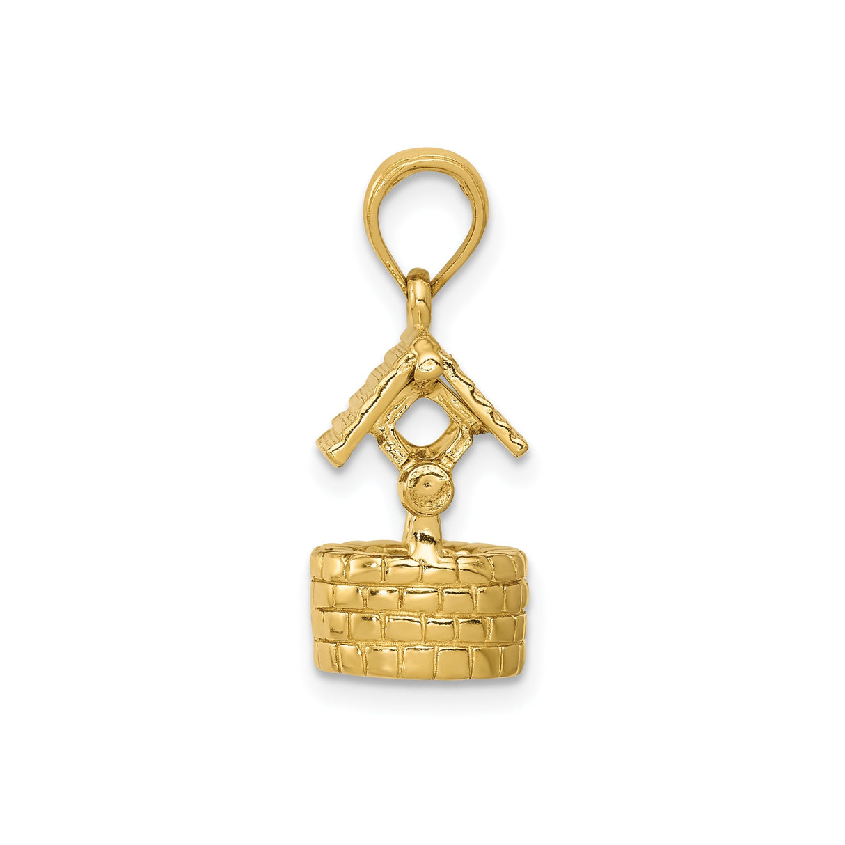 14k Yellow Gold Wishing Well Pendant with Brick Design and Movable Crank Charm
