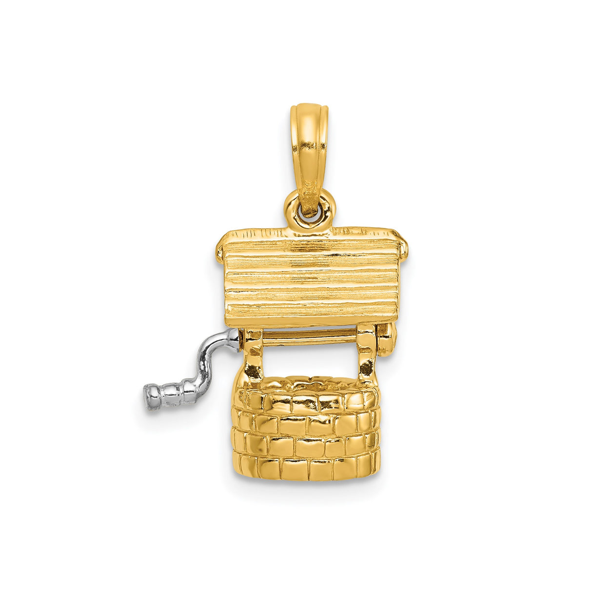 14k Yellow Gold Wishing Well Pendant with Brick Design and Movable Crank Charm