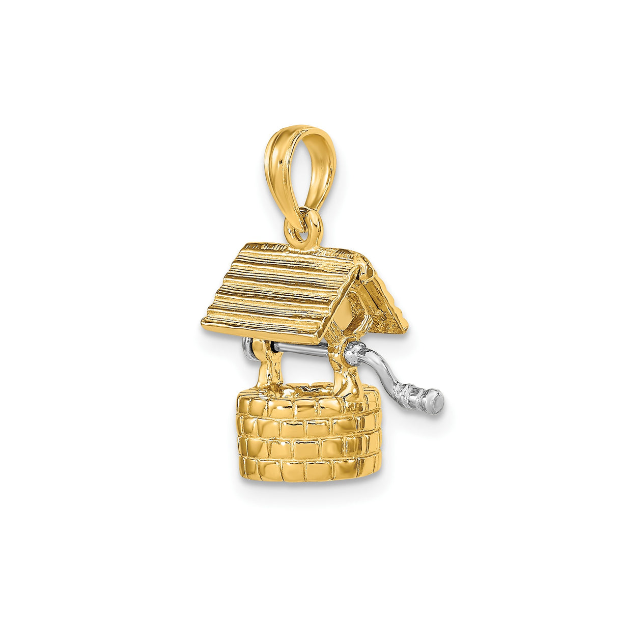 14k Yellow Gold Wishing Well Pendant with Brick Design and Movable Crank Charm