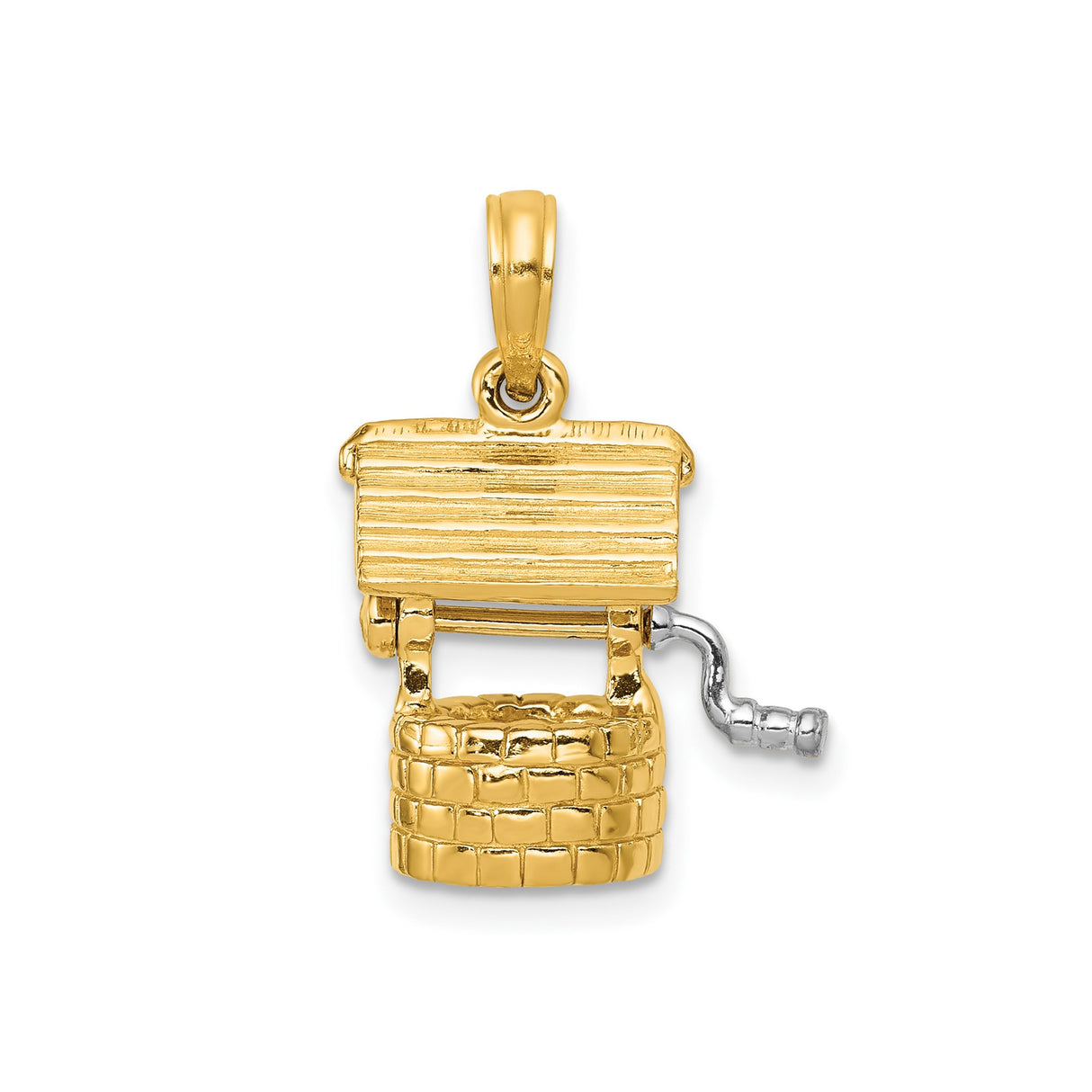 14k Yellow Gold Wishing Well Pendant with Brick Design and Movable Crank Charm