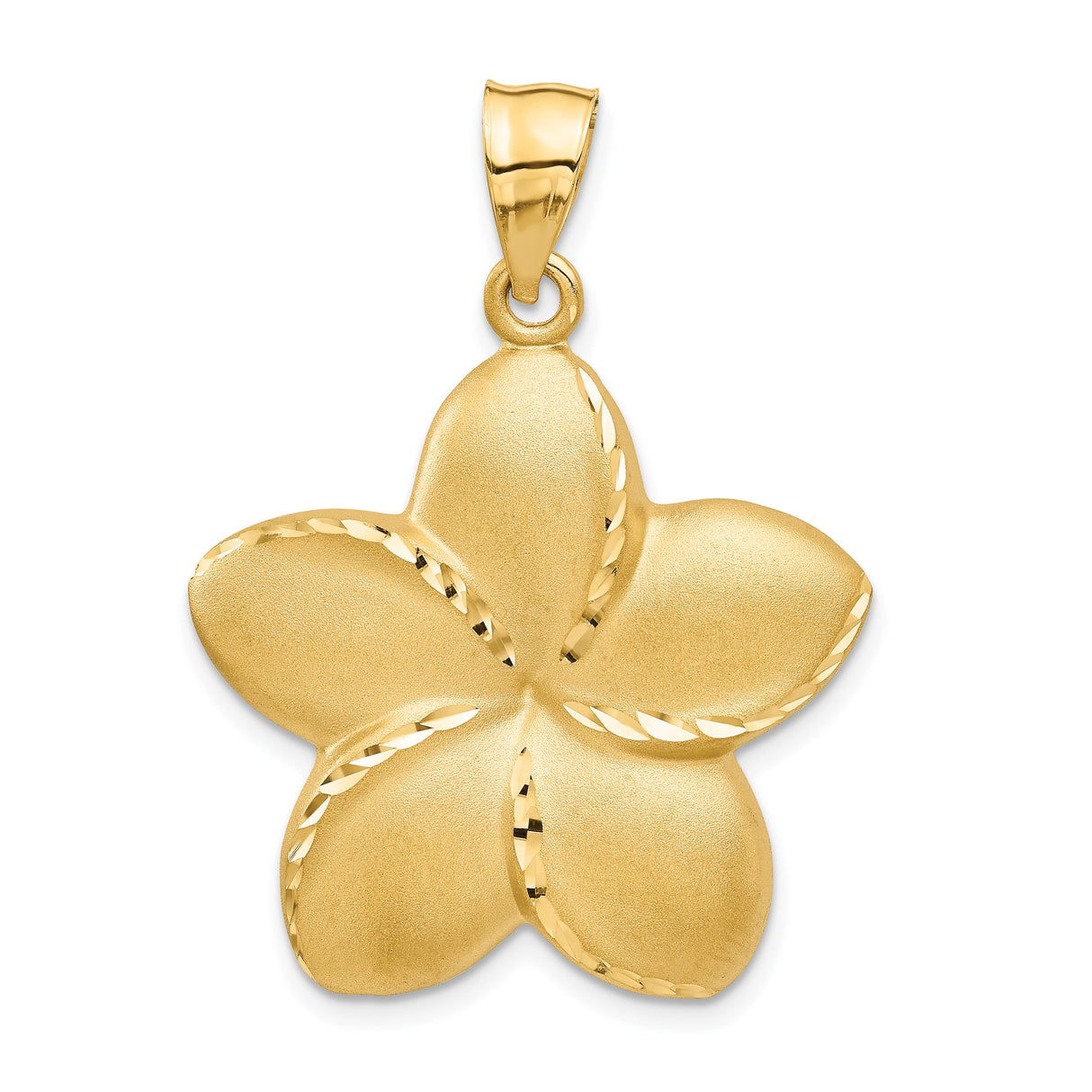 14k Yellow Gold Plumeria Flower Pendant with Matte and Polished Petals, Tropical Floral Charm