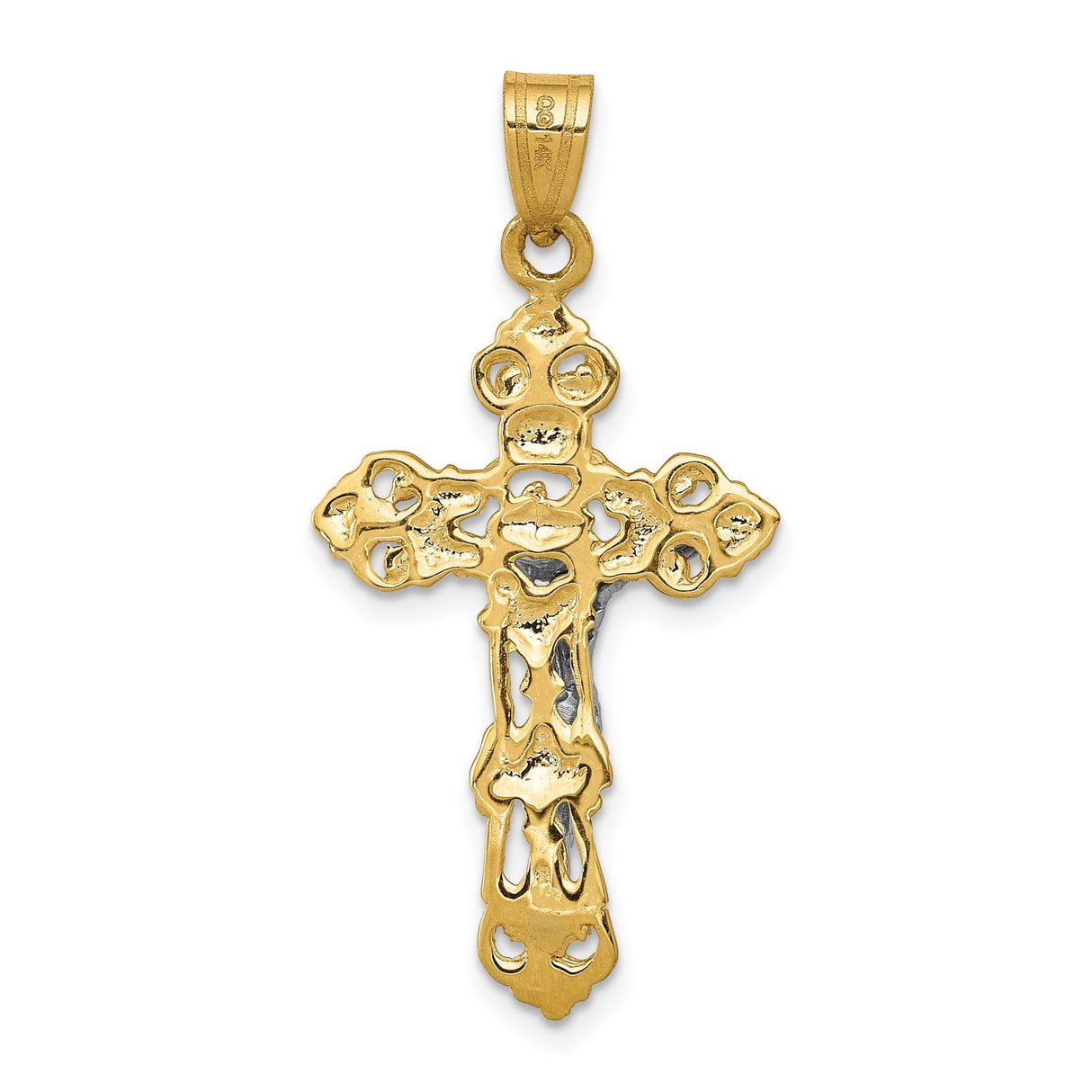 14k Two-Tone Gold Crucifix Pendant with Jesus Figure, Ornate Fleur Design