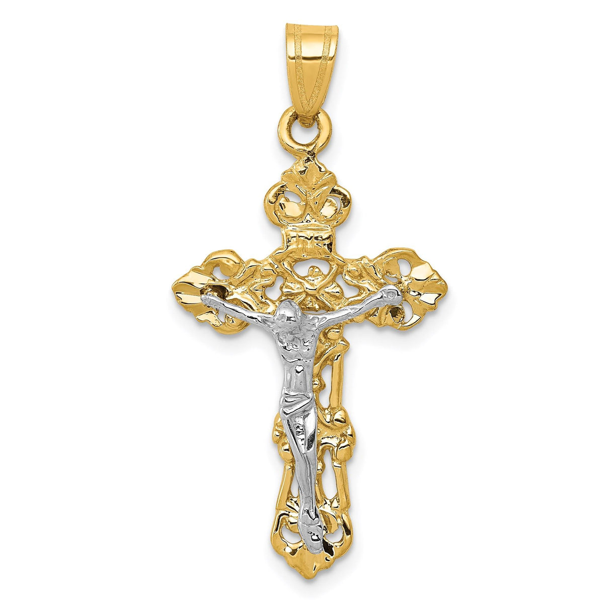 14k Two-Tone Gold Crucifix Pendant with Jesus Figure, Ornate Fleur Design