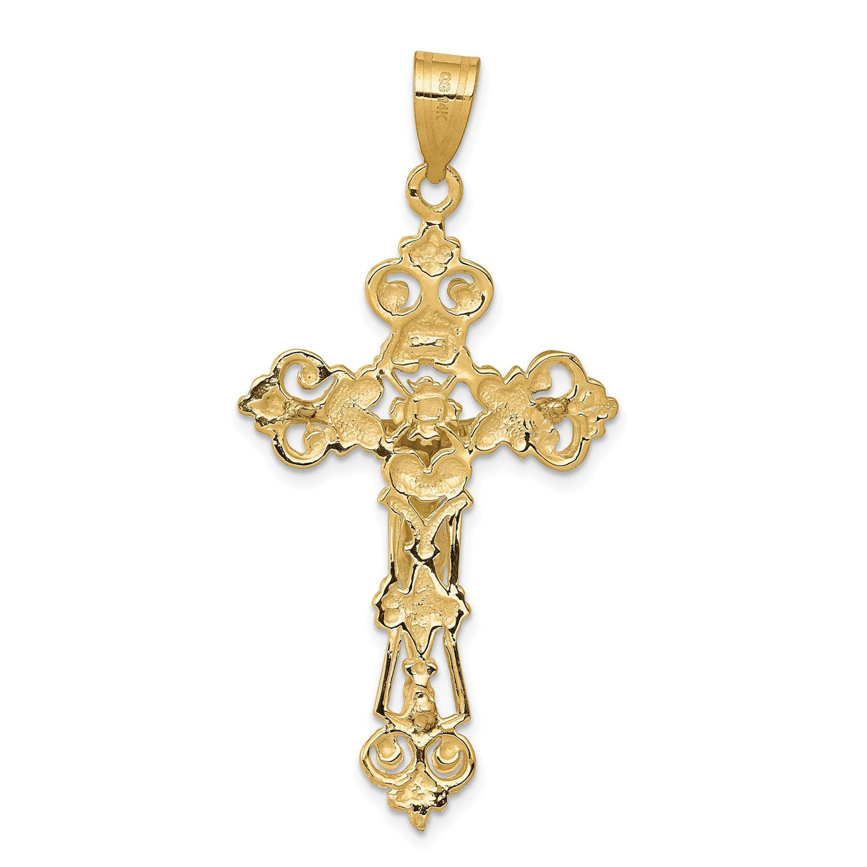 14k Multi-Tone Gold Crucifix Pendant with Fleur de Lis and INRI Baroque Style