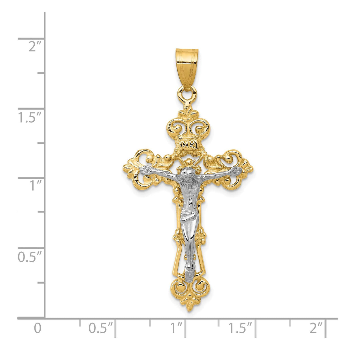 14k Multi-Tone Gold Crucifix Pendant with Fleur de Lis and INRI Baroque Style