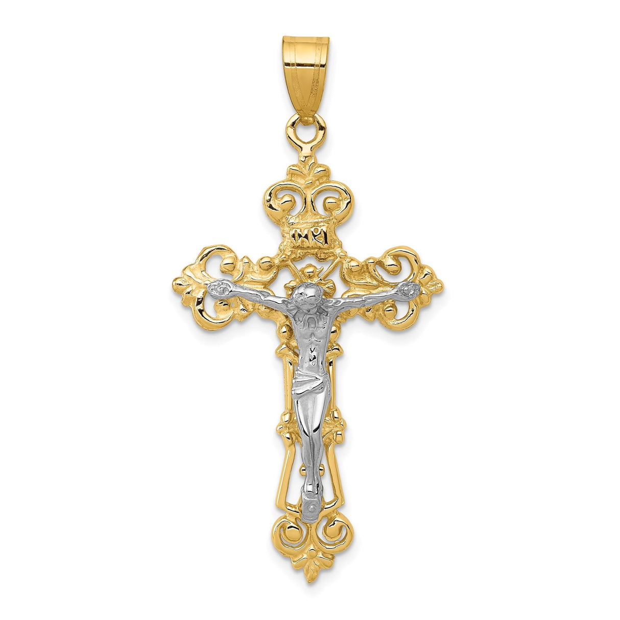 14k Multi-Tone Gold Crucifix Pendant with Fleur de Lis and INRI Baroque Style