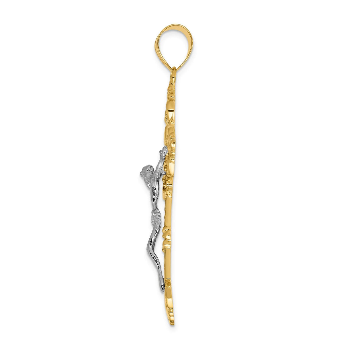 14k Multi-Tone Gold INRI Crucifix Cross Pendant with Fleur de Lis Design