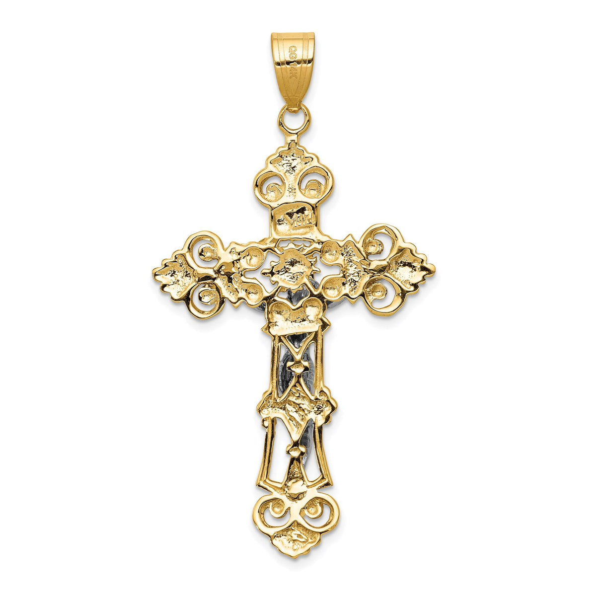 14k Multi-Tone Gold INRI Crucifix Cross Pendant with Fleur de Lis Design