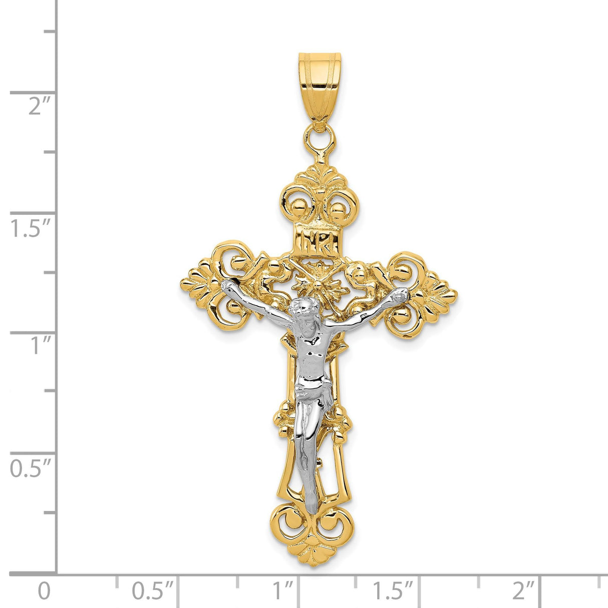 14k Multi-Tone Gold INRI Crucifix Cross Pendant with Fleur de Lis Design