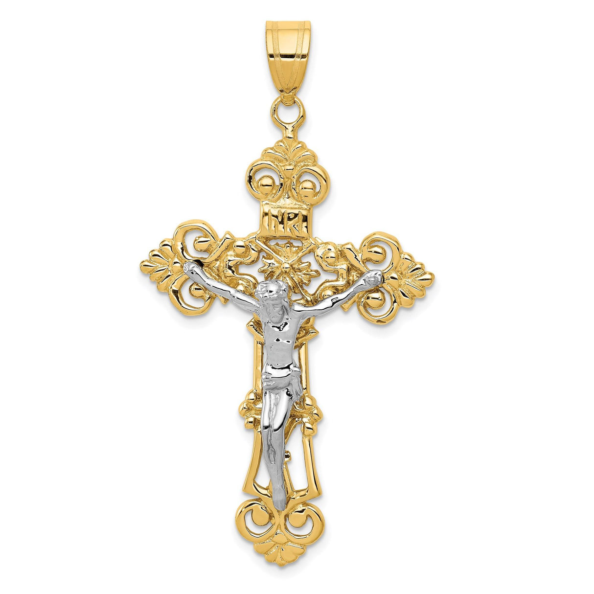 14k Multi-Tone Gold INRI Crucifix Cross Pendant with Fleur de Lis Design