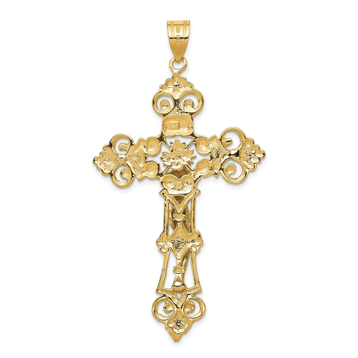14k Multi-Tone Gold Crucifix Pendant with Jesus Figure and Fleur de Lis Filigree Cross Charm