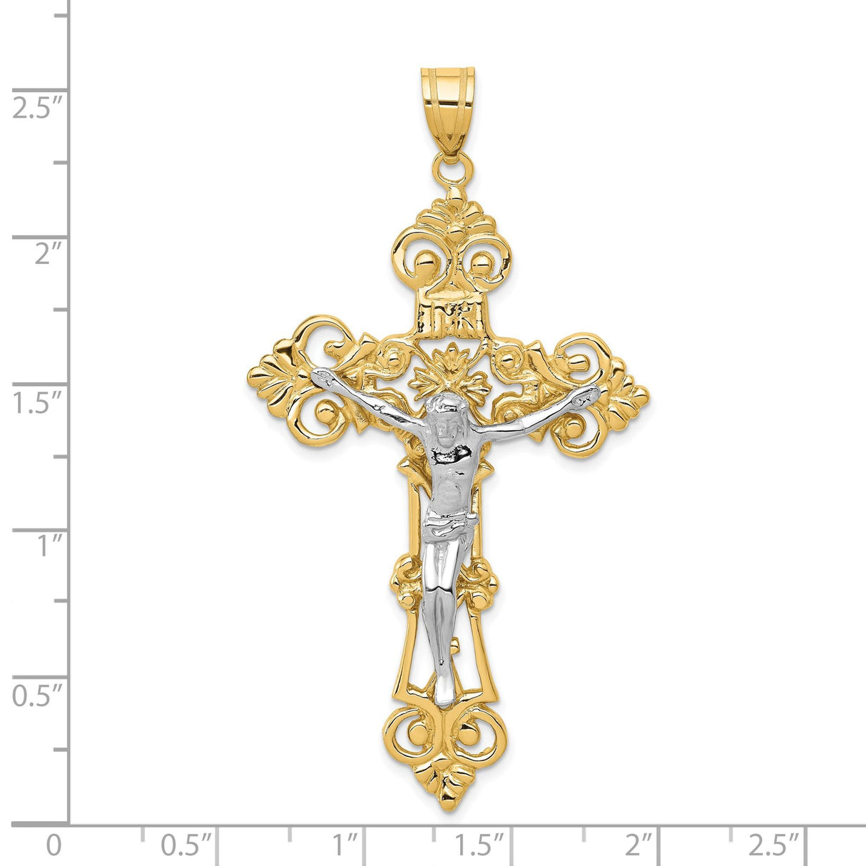 14k Multi-Tone Gold Crucifix Pendant with Jesus Figure and Fleur de Lis Filigree Cross Charm
