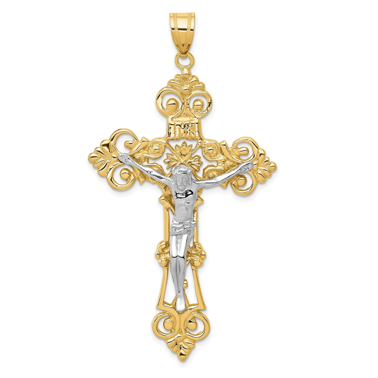14k Multi-Tone Gold Crucifix Pendant with Jesus Figure and Fleur de Lis Filigree Cross Charm