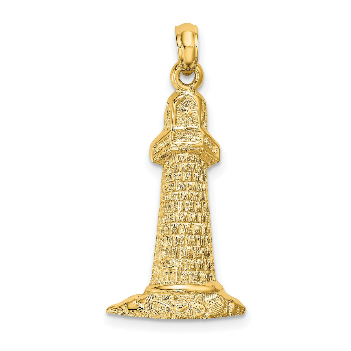 14k Yellow Gold Lighthouse Pendant with Brickwork and Ocean Wave Detail, Nautical Theme