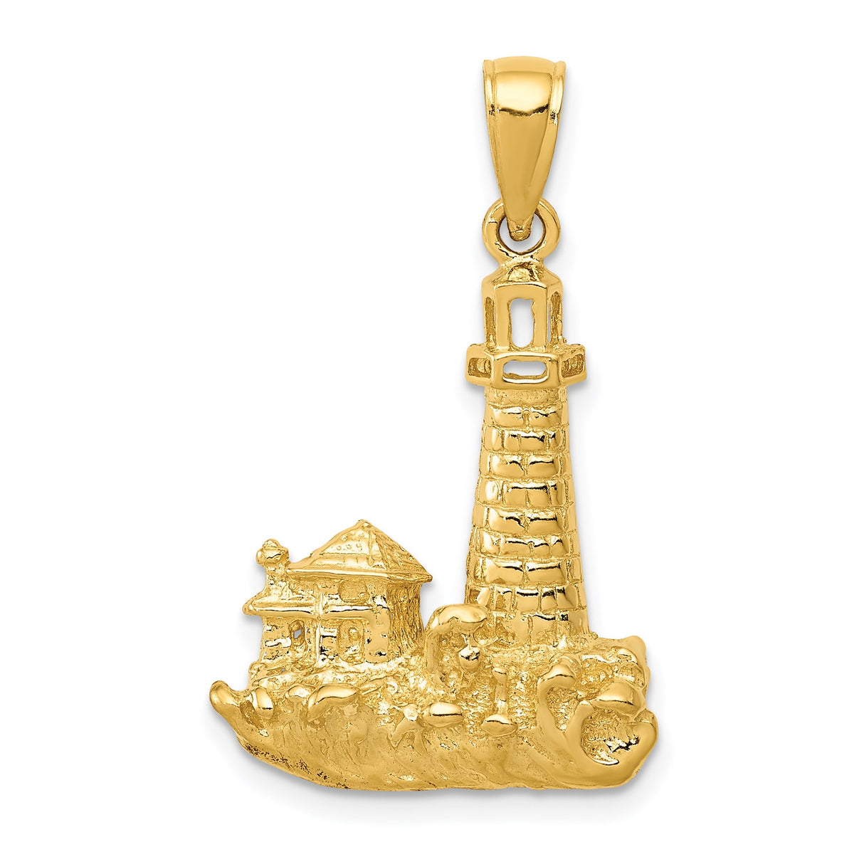 14k Yellow Gold Lighthouse Pendant with Coastal Scene and Nautical Charm