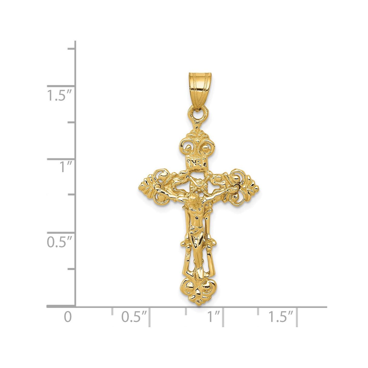 14k Yellow Gold Crucifix Cross Pendant with INRI and Fleur de Lis Design