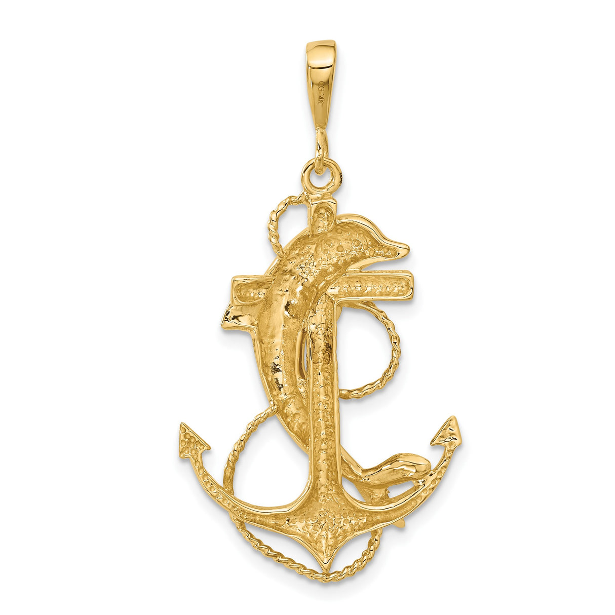 14k Yellow Gold Anchor and Dolphin Pendant with Coiled Rope Detail, Nautical Theme Jewelry