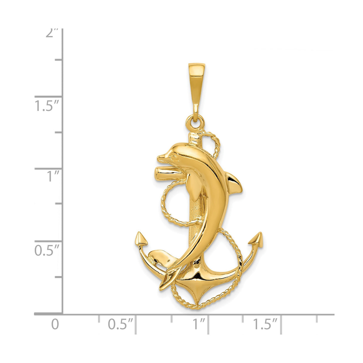14k Yellow Gold Anchor and Dolphin Pendant with Coiled Rope Detail, Nautical Theme Jewelry