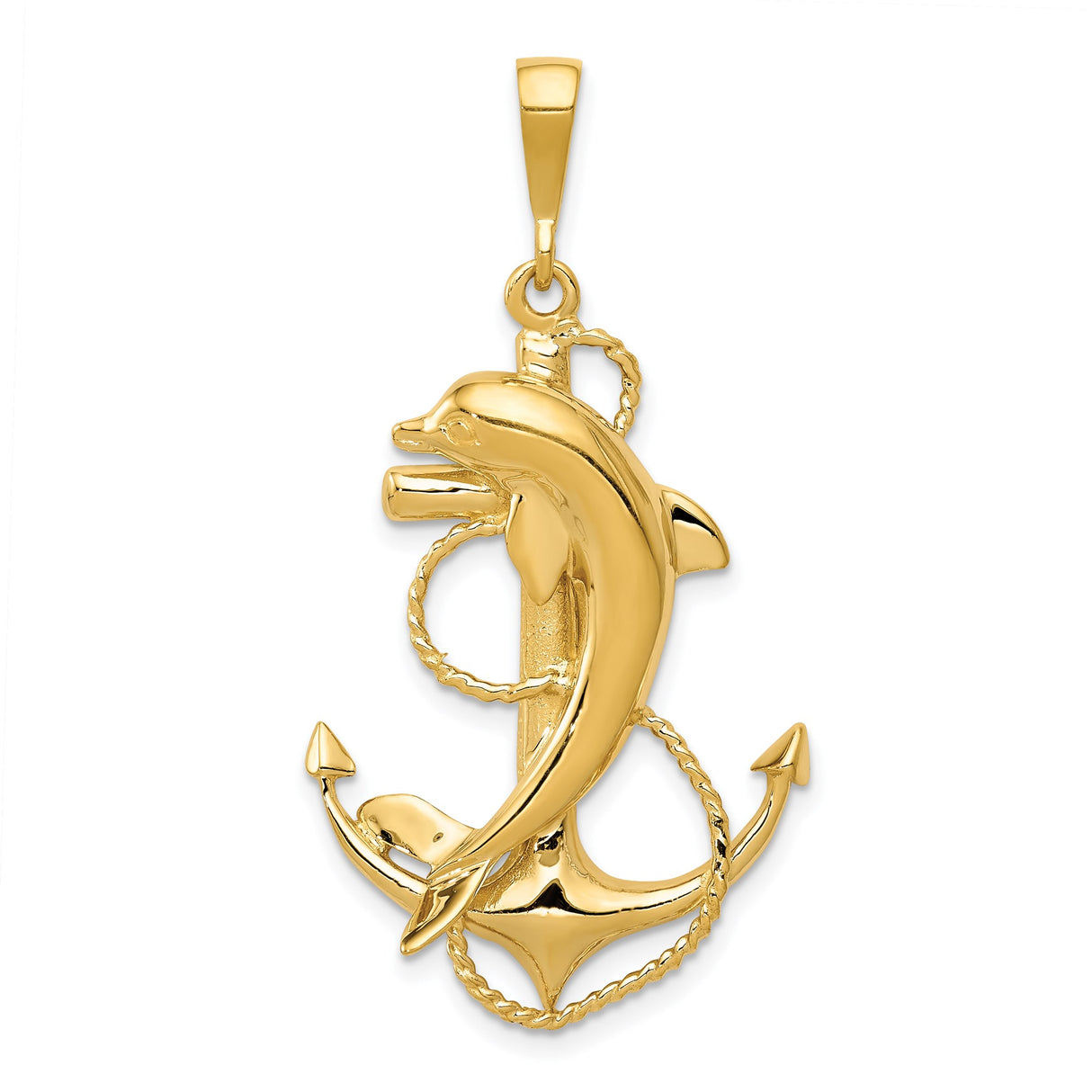 14k Yellow Gold Anchor and Dolphin Pendant with Coiled Rope Detail, Nautical Theme Jewelry