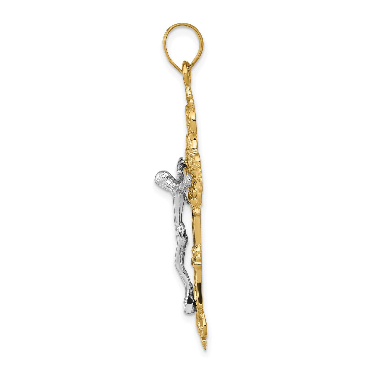 14k Yellow Gold Crucifix Pendant with INRI Fleur de Lis and Crown Cross Design