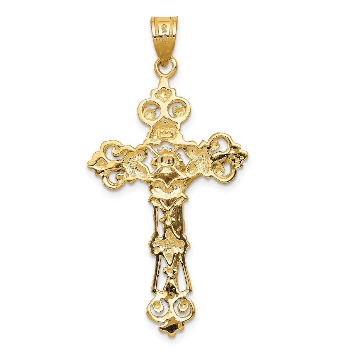 14k Yellow Gold Crucifix Pendant with INRI Fleur de Lis and Crown Cross Design