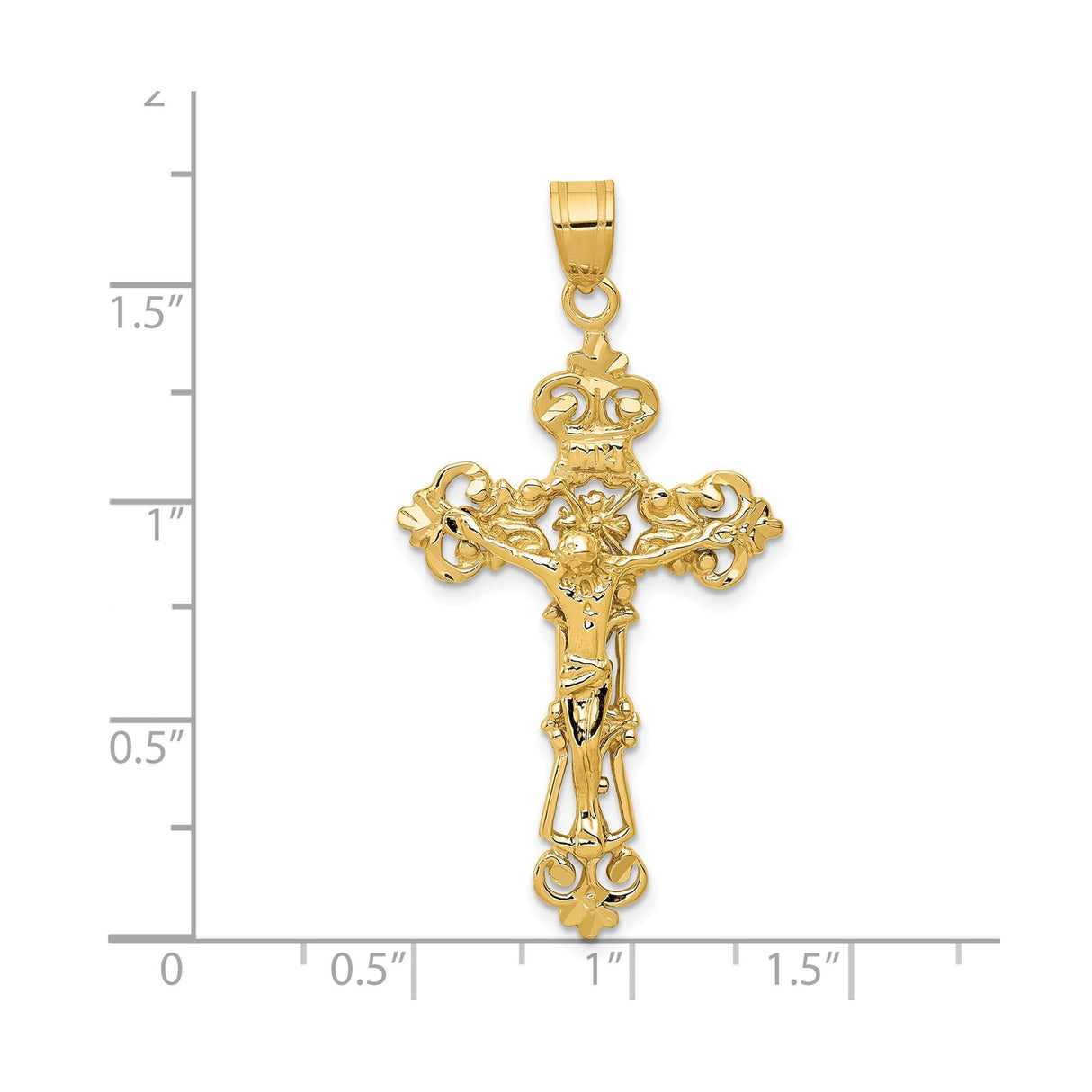 14k Yellow Gold Crucifix Pendant with INRI Fleur de Lis and Crown Cross Design