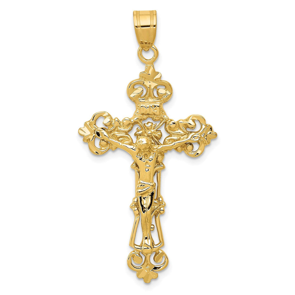 14k Yellow Gold Crucifix Pendant with INRI Fleur de Lis and Crown Cross Design