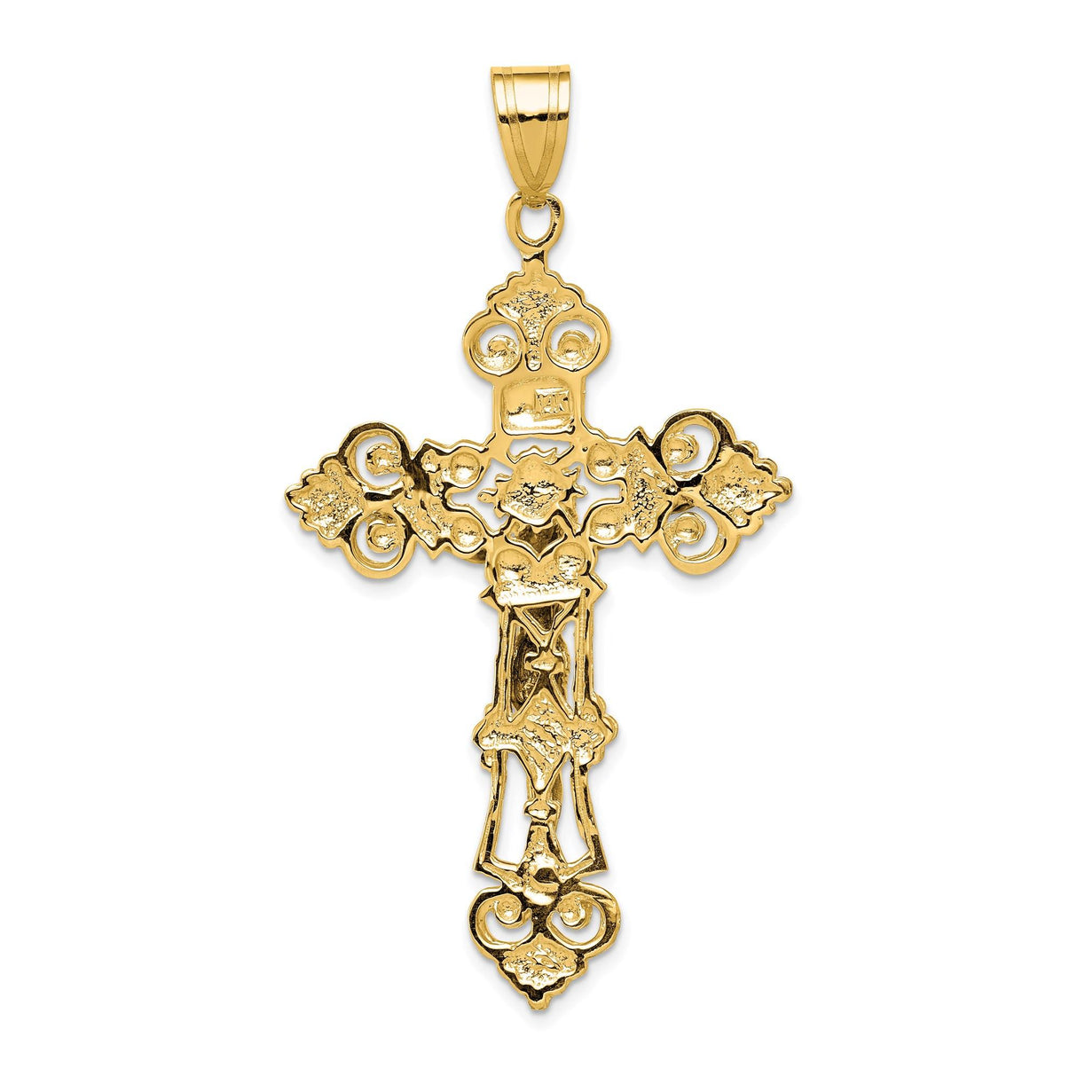 14k Yellow Gold INRI Crucifix Pendant with Fleur de Lis, Baroque Style Cross Charm