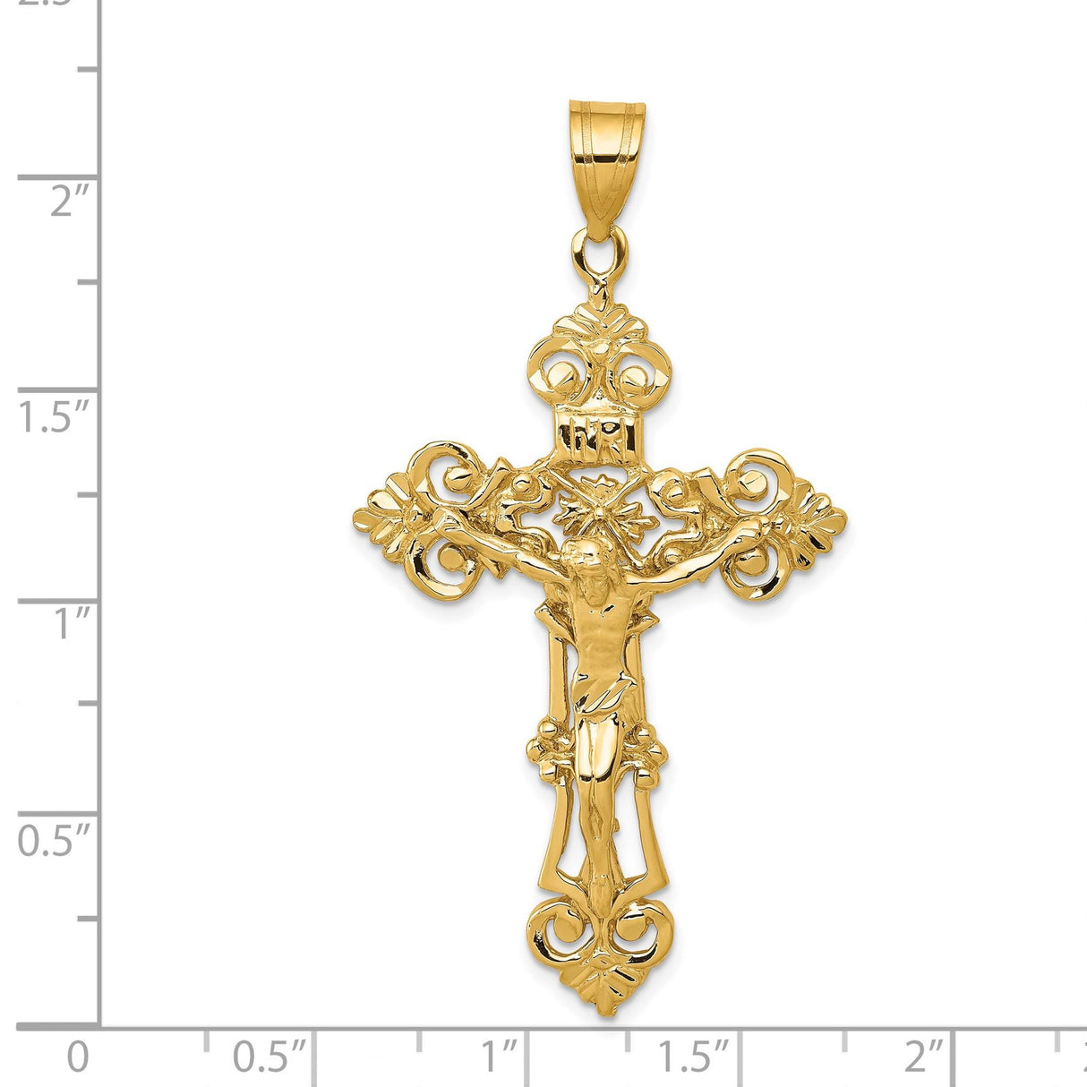 14k Yellow Gold INRI Crucifix Pendant with Fleur de Lis, Baroque Style Cross Charm