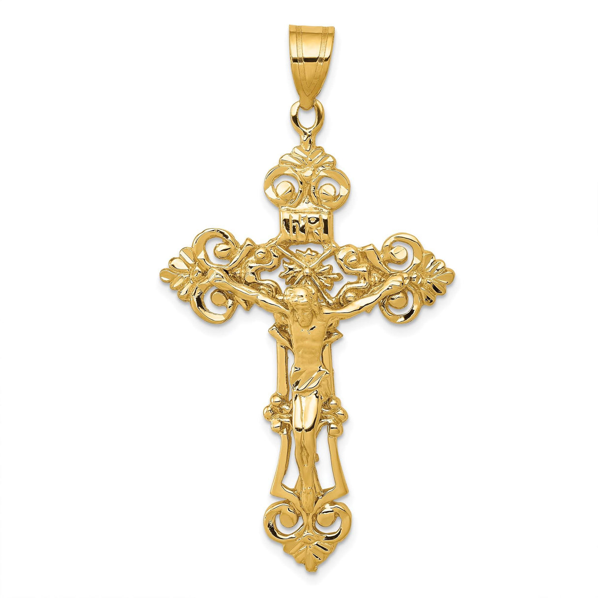 14k Yellow Gold INRI Crucifix Pendant with Fleur de Lis, Baroque Style Cross Charm