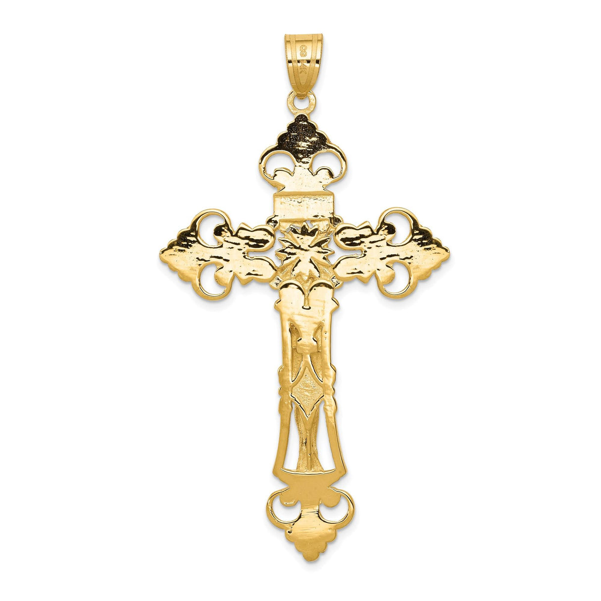 14k Yellow Gold Crucifix Pendant with INRI and Fleur De Lis, Vintage Baroque Christian Charm