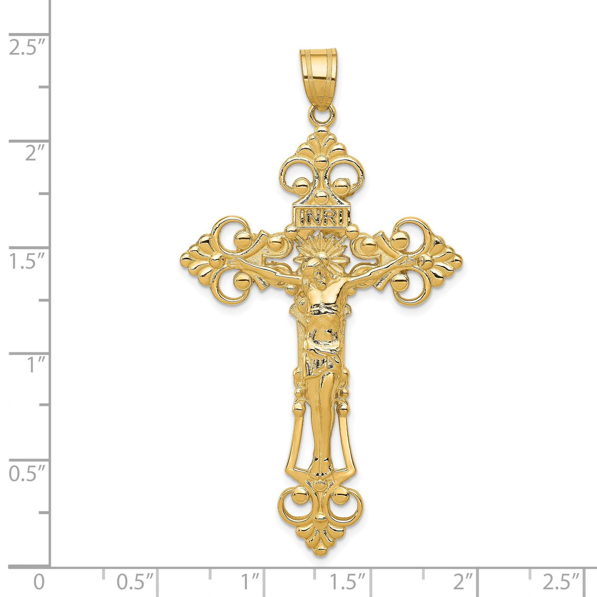 14k Yellow Gold Crucifix Pendant with INRI and Fleur De Lis, Vintage Baroque Christian Charm