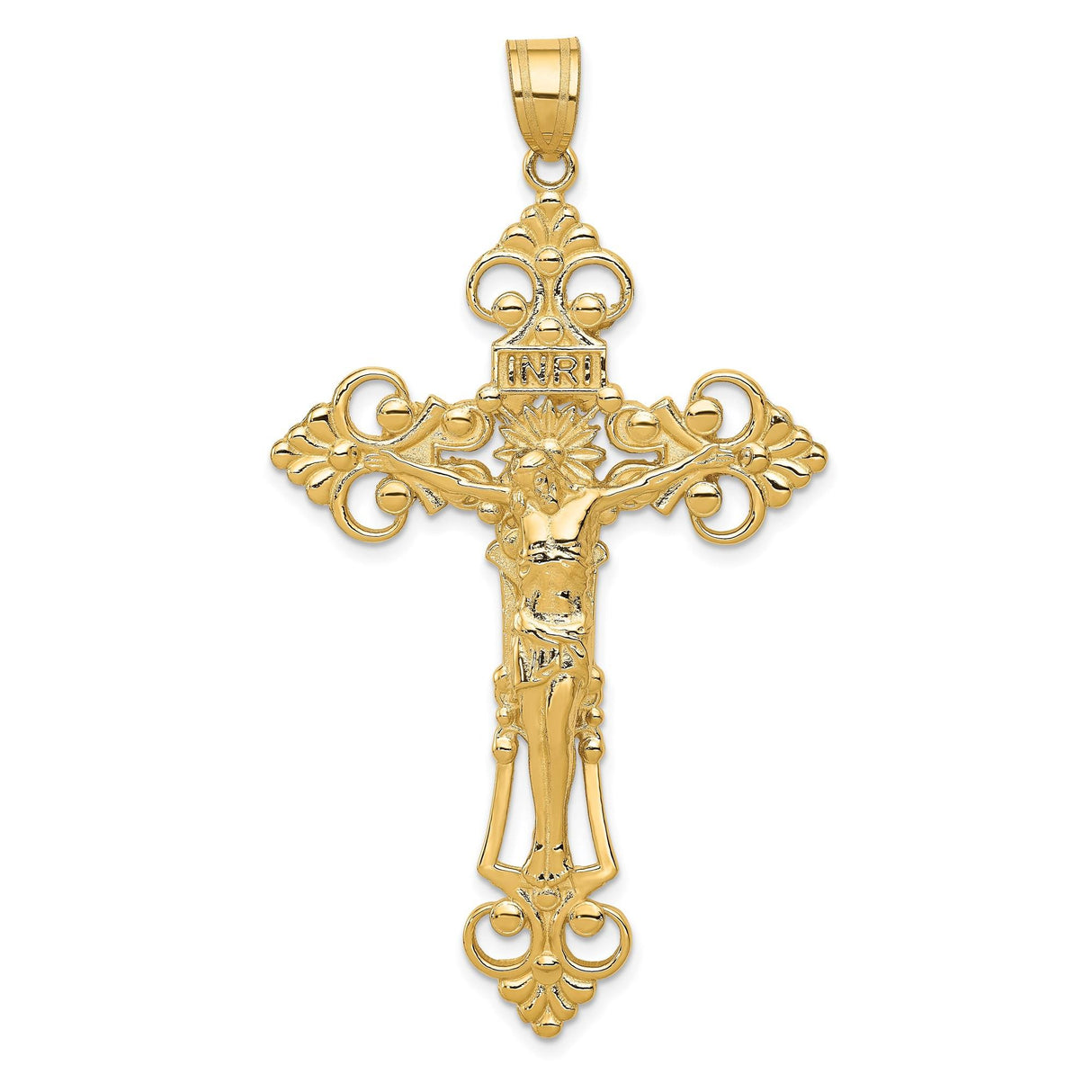 14k Yellow Gold Crucifix Pendant with INRI and Fleur De Lis, Vintage Baroque Christian Charm