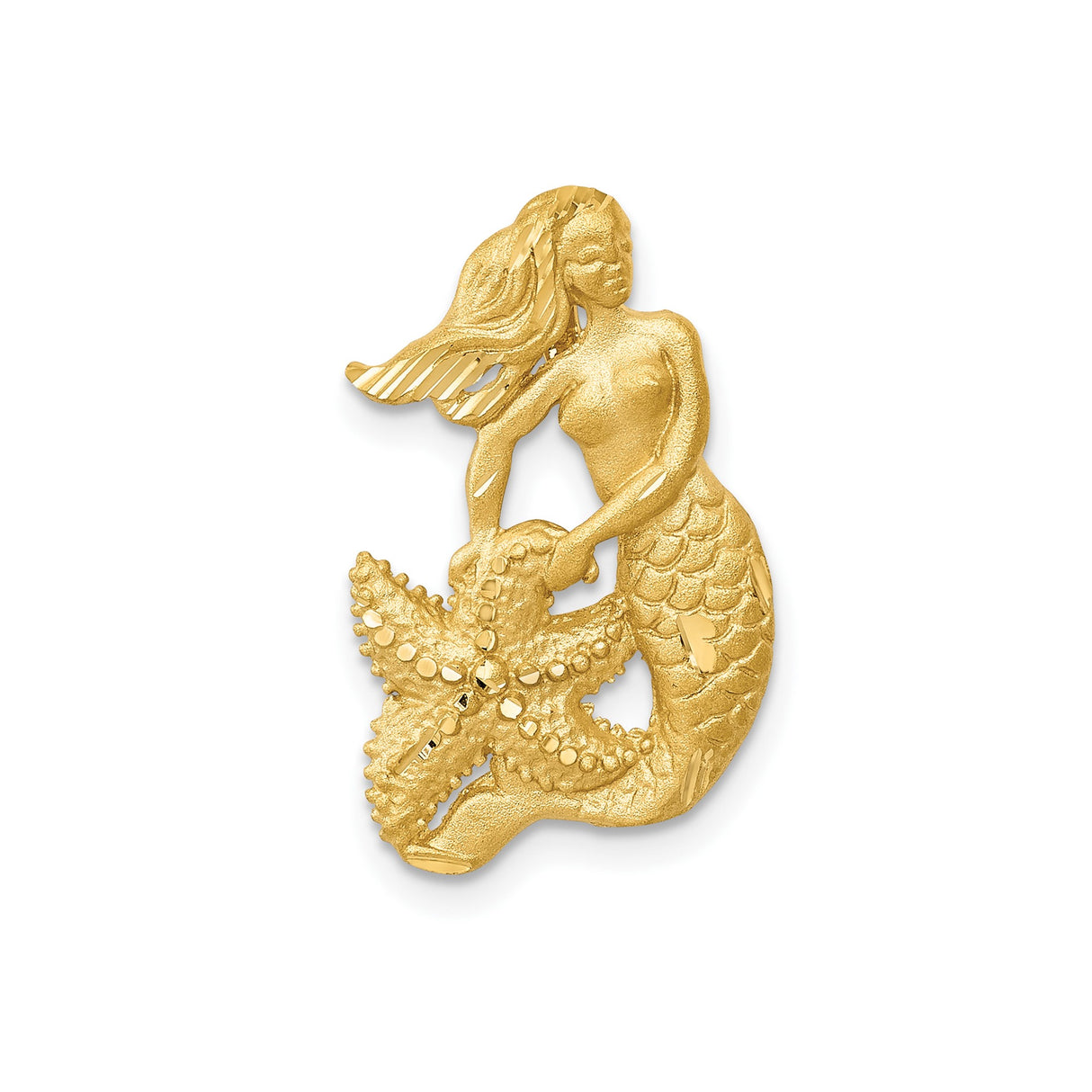 14k Yellow Gold Mermaid Pendant with Textured Detail and Starfish, Nautical Ocean Charm